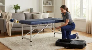 A professional outcall massage therapist setting up a lightweight portable massage table with adjustable legs in a client's home living room.