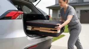 A mobile therapist in grey scrubs, seen in previous images, is shown loading the folded, wooden portable massage table into the compact trunk of a silver crossover SUV during a sunny day.