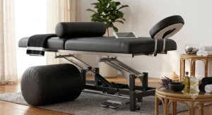 Modern black massage table for spa studio setup featuring a sleek metal frame