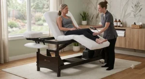 Multi-section electric lift massage table adjusted into a seated position for physical therapy