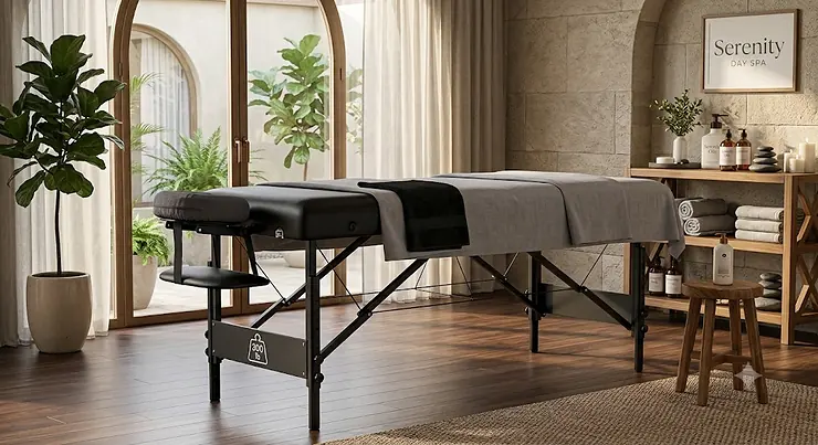 Black aluminum frame portable massage table with 300 lb capacity set up in a modern American day spa.