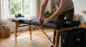 Folded black portable massage table under 200 dollars tucked neatly into a black nylon carrying bag with shoulder strap.