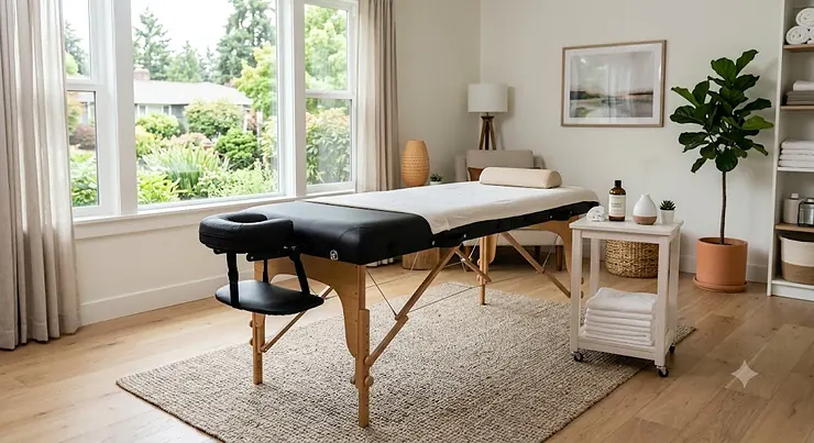 Professional portable massage table with face cradle set up in a clean, modern home studio room.