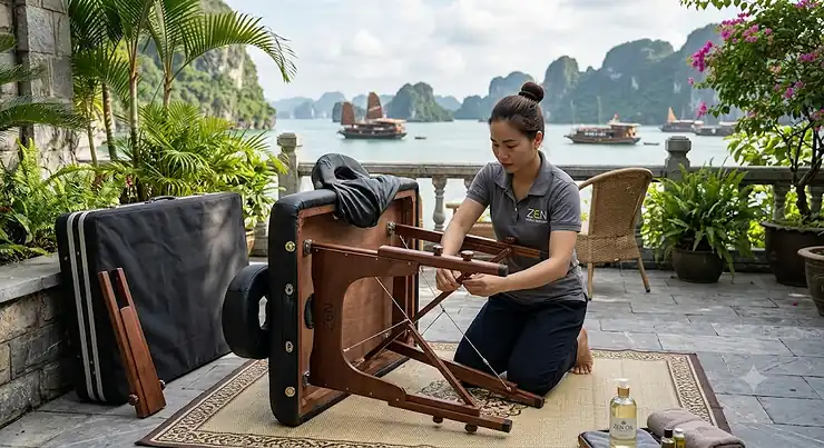 Side by side comparison of a portable massage table wood vs aluminum frame options for professional therapists.