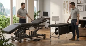 Illustration comparing a stationery electric massage table for chiropractor clinics with a portable model