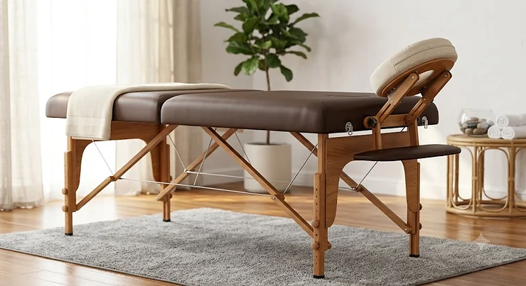 Portable wooden massage table for spa with adjustable headrest and face cradle