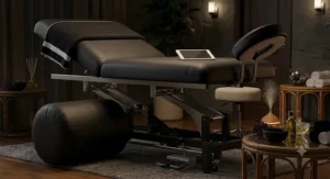 Professional three section massage table for spa therapies in a dimly lit treatment room