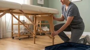 Close-up shot of a mobile therapist's hands unfolding and locking the wooden frame of a portable massage table, showing the stabilizing cables and dynamic locking mechanism during a client setup.