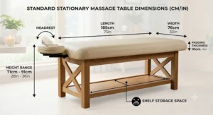 Product dimensions diagram showing the standard width, length, and height of a stationary massage table.