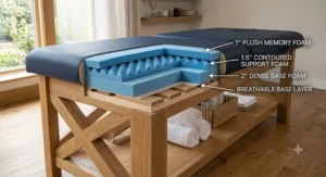 Cross section illustration of the multi layer memory foam cushioning on a professional stationary massage table.