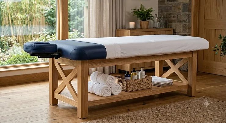 Heavy duty stationary massage table with a natural wood frame and built in storage shelf.