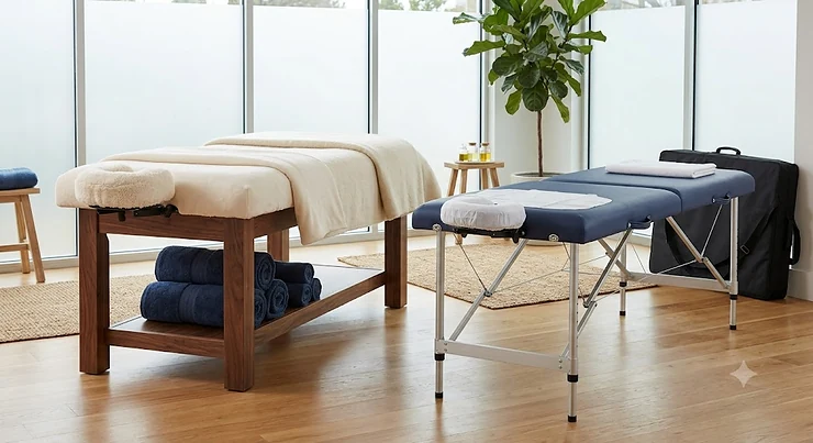 A side by side comparison of a heavy duty stationary wooden massage table next to a lightweight aluminum portable massage table in a modern spa setting.
