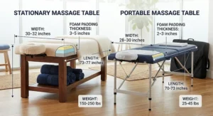 A graphic diagram illustrating the typical width, length, and thick foam padding differences between stationary vs portable massage tables.