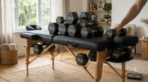Close-up of durable wooden legs and high weight capacity support cables on an affordable portable massage table.