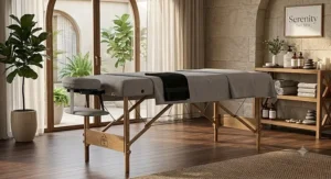 Sturdy wooden portable massage table supporting a 300 lbs capacity with reinforced hardwood legs and tension cables.