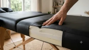 Multi-layer high-density foam padding on a comfortable portable massage table under 200 dollars.