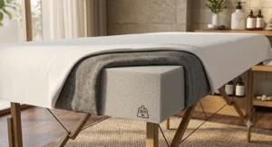 Close-up of the thick high-density foam padding on a portable massage table with a 300 pound capacity.
