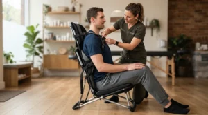 Demonstration of client comfort fitting using an adjustable massage chair for tall clients in a professional clinic setting.