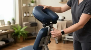Setting the adjustable face cradle height on an adjustable massage chair for tall clients for optimal neck support.