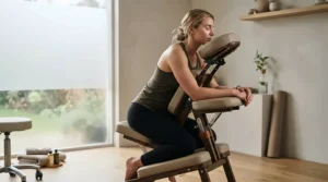 Full-body view of an adjustable massage chair for tall clients configured for a professional sports recovery session.