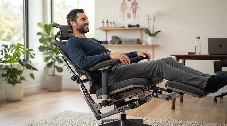 An adjustable massage chair for tall clients featuring extended height adjustment for taller body types in a bright wellness studio.