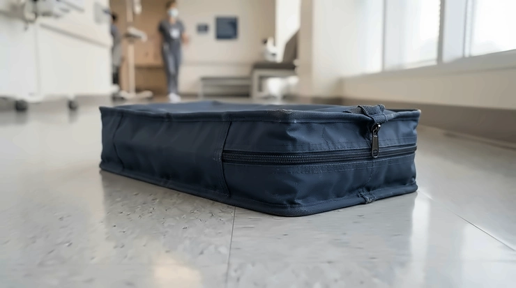 Black nylon massage table carry case zipped securely shut inside a bright physical therapy clinic.