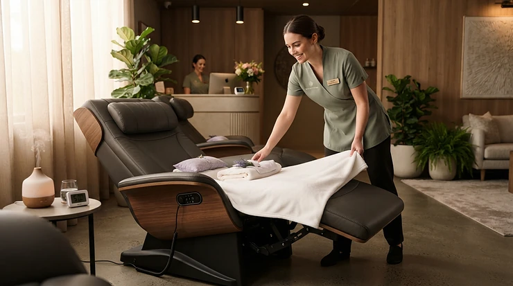 Fast client turnover utilizing a reliable heavy duty massage chair for high volume spas in a busy wellness center.