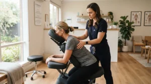 A patient using a kneeling massage chair for chiropractic offices during an open-back spinal adjustment treatment in a bright clinic.