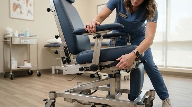 Adjusting the height and chest pad of a kneeling massage chair for chiropractic offices for optimal patient comfort.