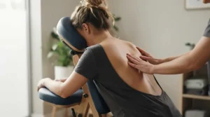Demonstration of open-back access treatments using a kneeling massage chair for chiropractic offices.