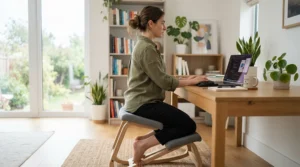 Patient demonstrating proper upper body alignment using a kneeling massage chair for chiropractic offices posture support.