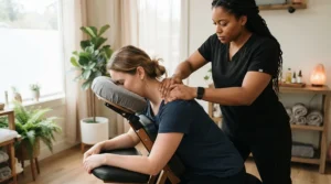 Practitioner performing shiatsu-style bodywork utilizing a kneeling massage chair for chiropractic offices in a wellness center.