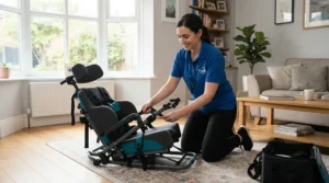 A portable massage chair for mobile massage therapists being unfolded quickly in a suburban living room for an in-home client session.