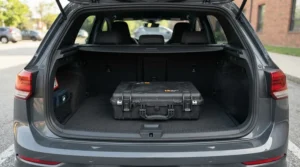 A compact portable massage chair for mobile massage therapists packed securely into the trunk of a sedan before a busy day of house calls.