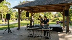 A portable massage chair for mobile massage therapists deployed under a canopy tent at a weekend community sports event.