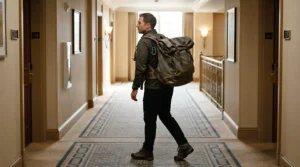A therapist carrying a portable massage chair for mobile massage therapists using convenient backpack straps while walking down an apartment hallway.
