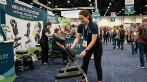 Quick event setup demonstrating a portable massage chair vs stationary salon chair flexibility at a wellness fair