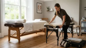 A therapist comparing a portable massage chair vs stationary salon chair setup time in a busy wellness studio