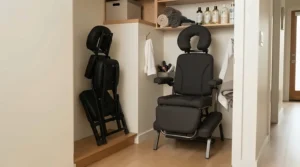 Storage room layout showing a compact portable massage chair vs stationary salon chair footprint requirements