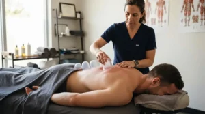 A silicone cupping set for sports massage therapists performing myofascial decompression on a runner's back.