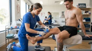 A silicone cupping set for sports massage therapists being applied to an athlete's calf for muscle recovery therapy.
