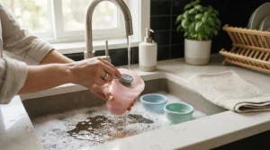 Sanitation between clients using an easy clean silicone cupping set for sports massage therapists in a wash station.