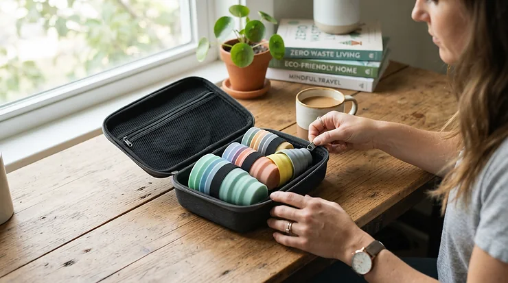Unpacking a portable silicone cupping set for sports massage therapists from a compact travel case.