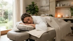 A relaxed client experiencing supreme comfort in a stationary massage chair for salon owners.