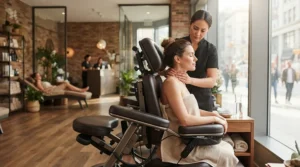 A robust stationary massage chair for salon owners designed for heavy daily commercial use in a busy spa.
