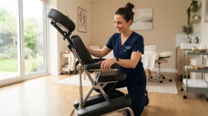 Treatment room ergonomics highlighting an adjustable stationary massage chair for salon owners and therapists.