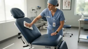 Routine cleaning and maintenance of a stationary massage chair for salon owners to ensure hygiene.