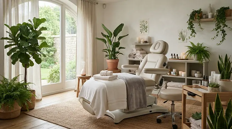 An upscale day spa featuring a sleek stationary massage chair for salon owners ready for treatments.