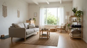 An affordable stationary salon chair for small studios featured in a cozy independent therapy office.