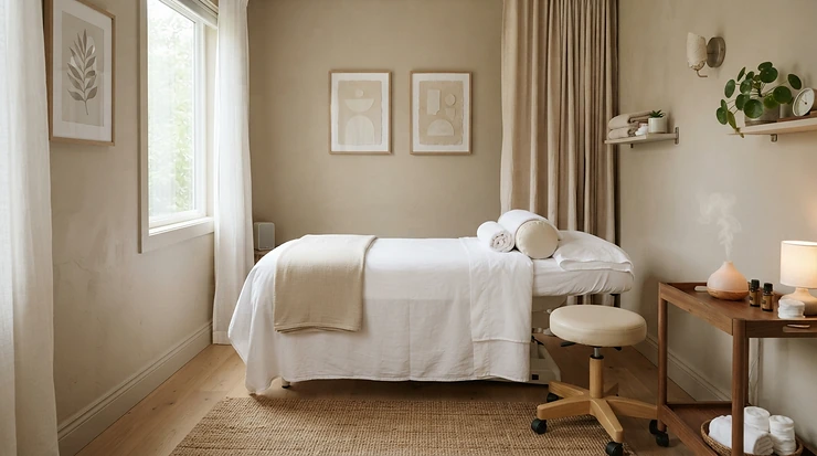 A minimalist stationary salon chair for small studios fitting seamlessly into a narrow esthetics room.